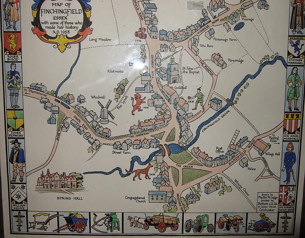 A map of Finchingfield showing the Inns as pictures of the signs, i.e. the Red Lion, Fox, Green Man, Three Tuns - in 1958