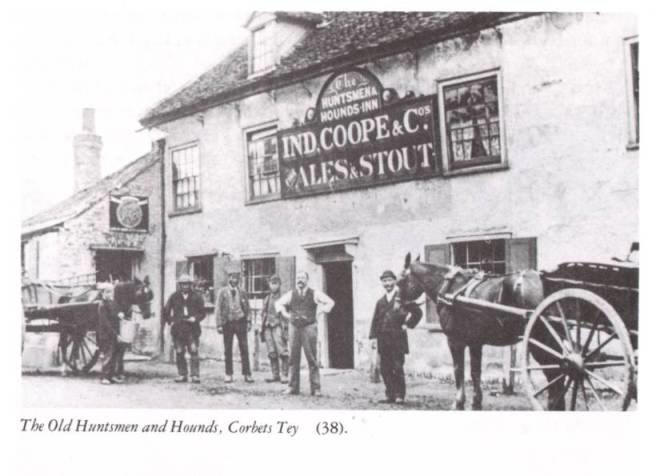 Huntsman & Hounds before redevelopment of 1895, probably Frank Rowe standing at doorway with hands on hips - from Ted Ballards 'Our Old Upminster & District'