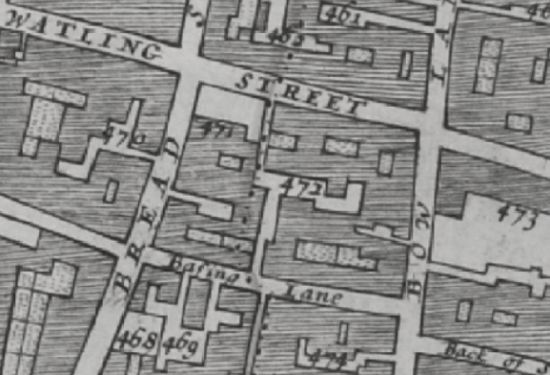 Morgans map of 1682 of Bread street showing 470 Three Cupps Inne ; 471 Allhallows Bread street and in Basing lane are 468 St Mildred Bread street ; 469 Gerards hall Inne.