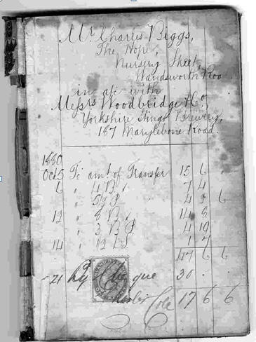Hope 1880 Order Book page listing Charles Biggs, and the brewery at Yorkshire Stingo, 187 Marylebone Road