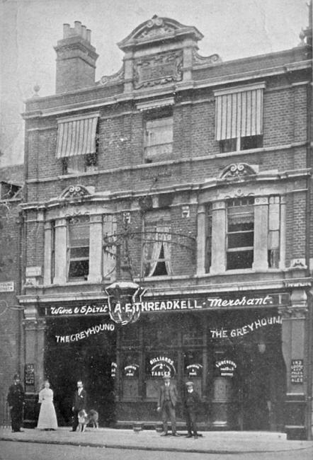 Greyhound, 1 Kensington Square, W8 the rebuilt pub circa 1900, with Landlord A.E. Threadkell