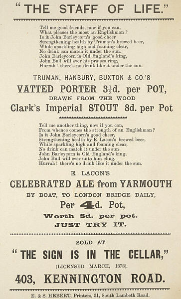 The Sign is in the Cellar, 403 Kennington Road advertisement in 1878