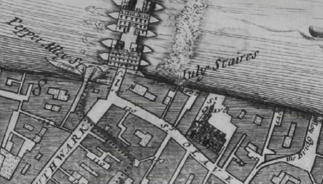 Morgans map of London in 1682 shows London Bridge, Pepper Alley Stairs and St Olave Street, Southwark.