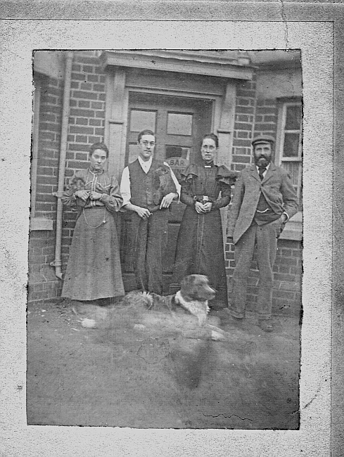 My great grandparents Emily and Nelson Clatworthy with their son, Edgar and their daughter Evelyn outside the front door of the Ram and Hogget, Bradfield - circa 1905
