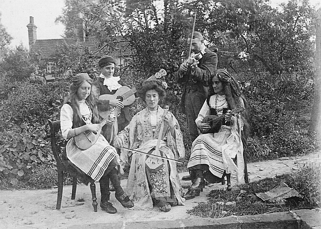 The photo shows members of the family in the garden of the Ram & Hogget. My grandfather was born in Feb 1899, his sister Ella (far left) in 1896, sister Emily (centre) in 1887 and sister Beatrice (far right) in 1889 (so I would guess that the photo was taken in 1909.