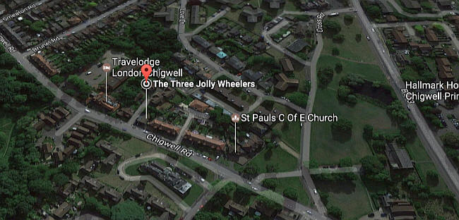 Three Jolly Wheelers, 735 Chigwell Road, Woodford, Woodfod Green IG8 8AS - google mapping