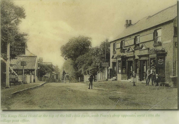 The Kings Head Hotel at he top of the hill circa 1900 with Pracys shop opposite until 1886 the Village Post Office