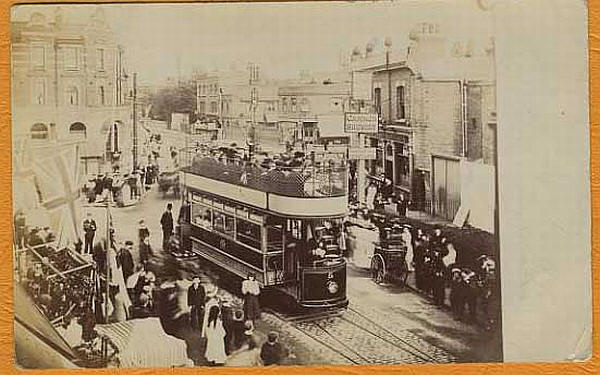Trams at the Bakers Arms, Leyton - possibly 1904 the day they began
