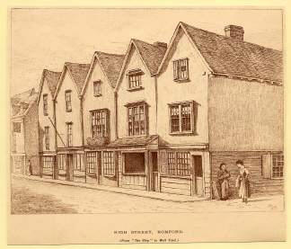 The Ship, High Street to the Well Yard, Romford in 1889, from a sketch by Bamford