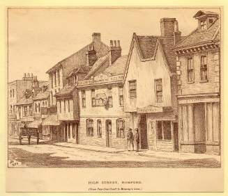 A better view of the Ship, High Street, Romford in 1884 and the Wesleyan Chapel , by Bamford