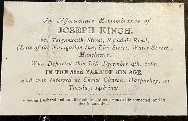 Joseph Kinch dies December 9th, 1880 aged 52; late of the Navigation Inn, Elm street