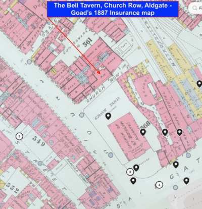 The Bell Tavern, Church Row, Aldgate in Goads 1887 Insurance Map.