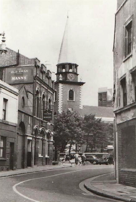 Old Swan, 116 Church Road, Battersea SW11 and St Marys church in the 1950s