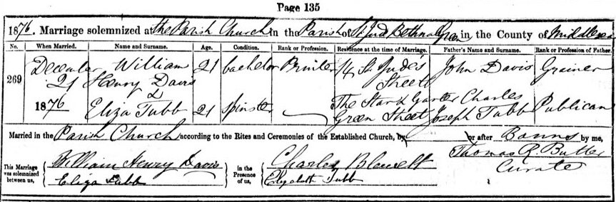 The marriage details show Eliza Tubb marrying Willam Henry Davis (both aged 21), with Elizabeth Tubb as one of the signatories. The father of the bride, Charles Joseph Tubb, is listed as a Publican at the Star & Garter on Green Street in 1876. ***