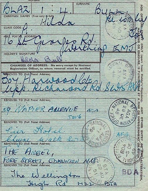 The Identity Card of Hilda Bull (1948 - 1951) listing the Pier Hotel, Angel and the Wellington.