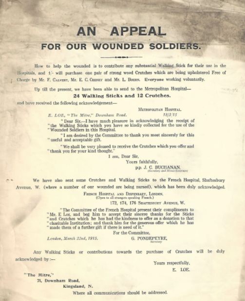 A letter sent from The Mitre in 1915 supporting the Wounded Soldiers