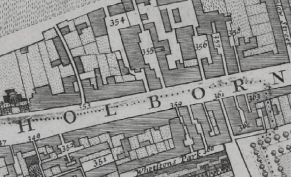 In the Morgans 1682 Map of London on the north side of High Holborn are listed 354 Blew boar Inne ; 355 Red lion Inne ; 356 Three Cups Inne ; and on the south side 352 Castle Inne ; 359 Unicorne Inne ; 360 Sword & buckler Inne ; 362 John Baptist Inne  and 363 Star Inne.