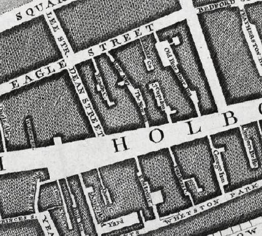 In John Rocques 1746 Map of London on the north side of High Holborn are the New Inn ; Three Cups Inn ; Blue Boar Inn ; and on the south side are the Bull Inn ; George Inn and Unicorn brewhouse.