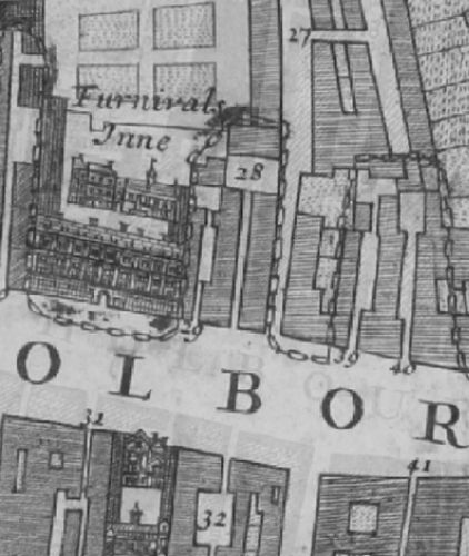 Leather Lane and Holborn in 1682 Morgans Map records 27 Kings Head Inne ; 28 Chequers Inne ; 29 Crown Inne ; Furnivals Inn ; 32 Black Swan Inne ; 39 Belle Inne and 40 Black Bull Inne.