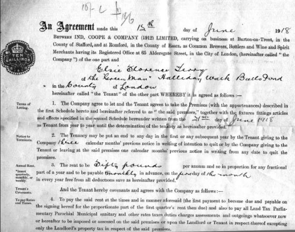 Elsie Florence Terry on the Ind, Coope & Company tenancy agreement, dated 12th June 1918 for the Green Man, Haliday Walk, Balls Pond