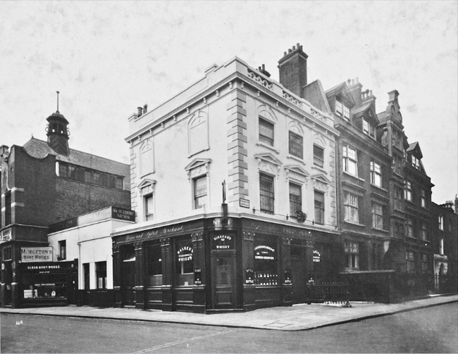 Builders Arms, 1 Kensington Court Place, W8 at the corner of St Albans Grove - c1920. The landlord is Frederick Perou