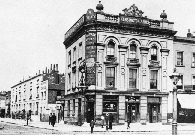 Kensington Arms, Pembroke Road at the corner of Warwick Road - circa 1890 . The landlord is Nathaniel Foley.