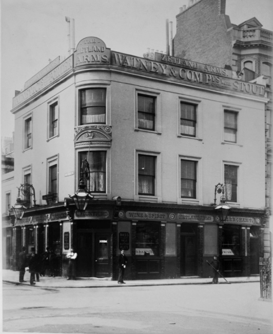Zetland Arms, Bute Street at the corner of Old Brompton Road. In 1890 and The landlord is John Mountford.