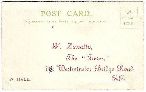 The Business card of W Zanetto, The "Tower", 76 Westminster Bridge Road SE- W Bale in 1914