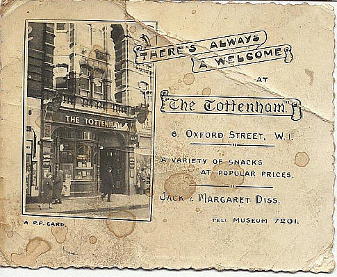 The Tottenham, 6 Oxford Street business card - Landlords Jack & Margaret Diss - circa 1960's