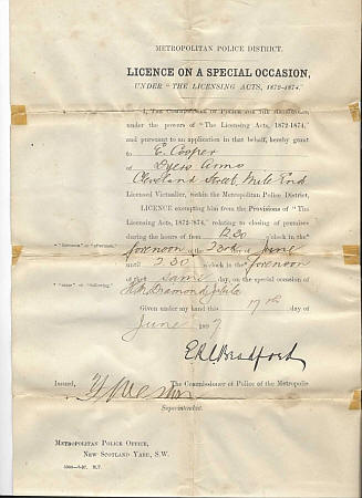 Licence on a Special Occasion for opening for the diamond jubilee on 23rd June 1897 of the Dyers Arms, Cleveland Street, Mile End to E Cooper.