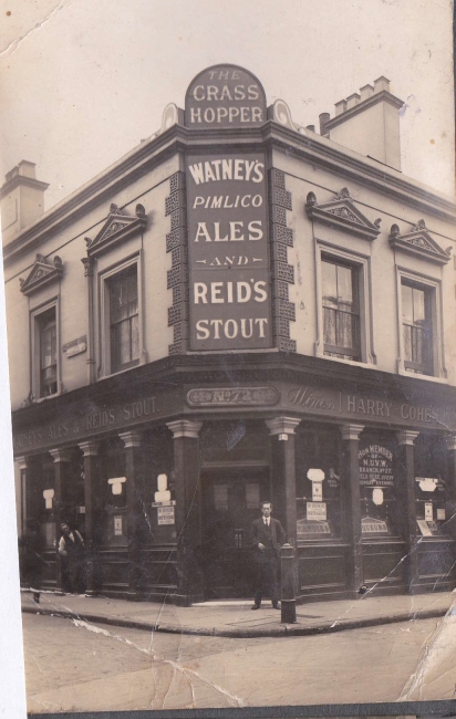 Grasshopper, 72 Vallance road and Fulbourne street, Stepney E1 - Harry Cohen is standing out the front of the Hotel. His name is above the window on the right hand side.
