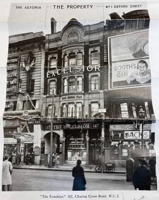 Excelsior, 167 Charing Cross road, Soho - circa 1930s with licensee R H Ead named near the top of the building