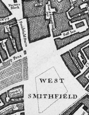 The Bell Inn is clearly marked as an inn on the 1747 John Rocques plan of London.