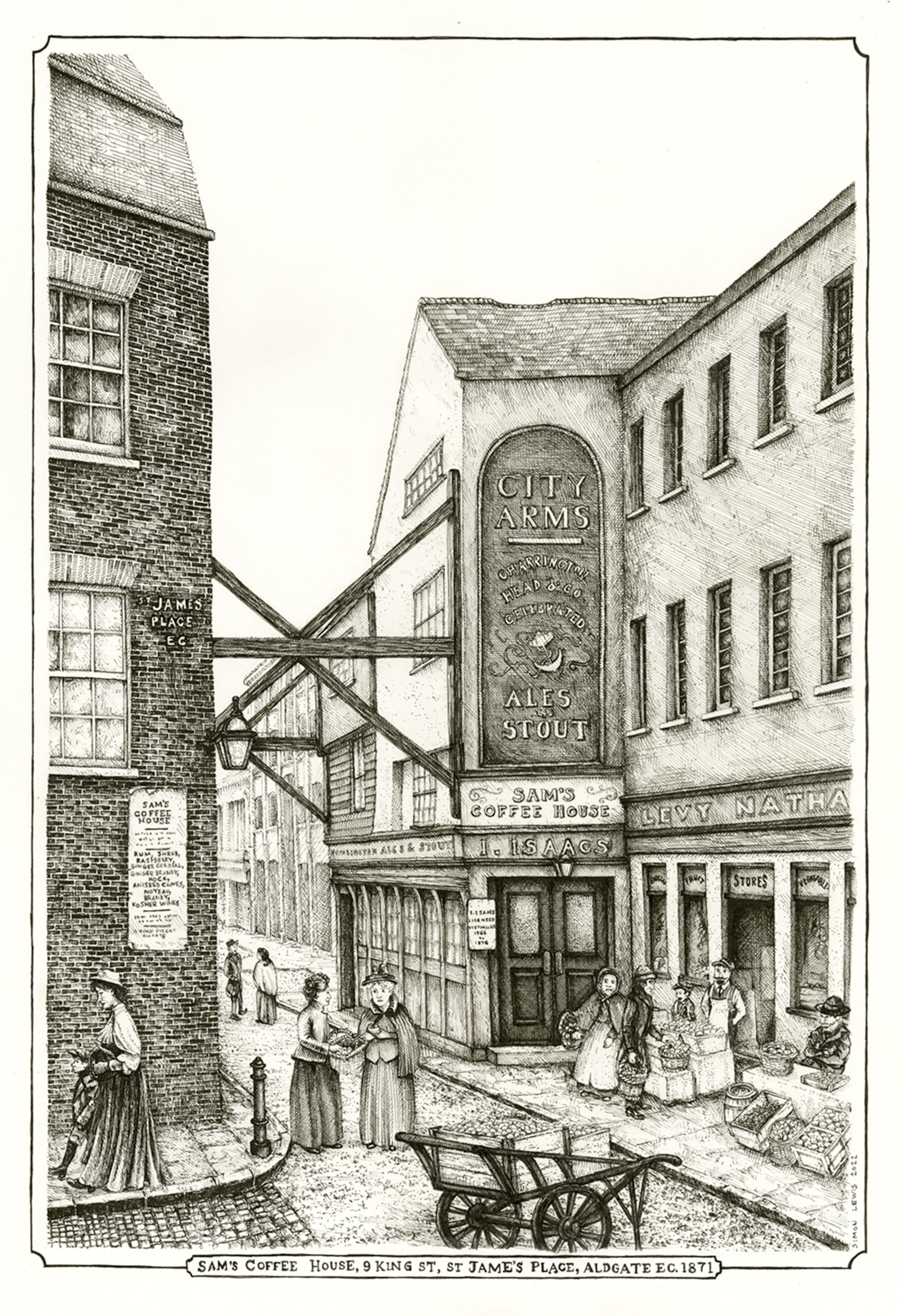 Sams Coffee House and the City Arms, King Street, Dukes Place ilustration by Simon Lewis