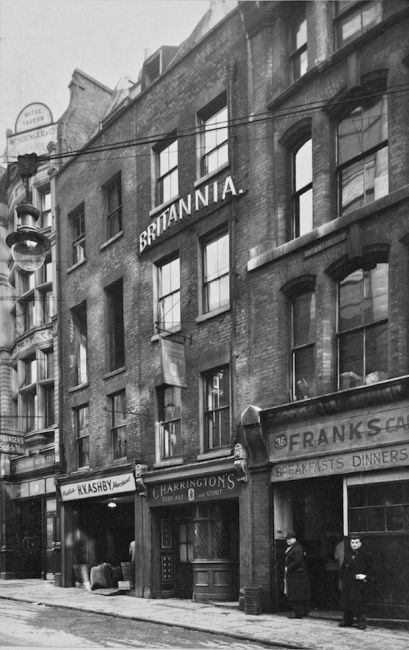 The original Britannia in 1948, looking up the hill with The Mitre two doors away at number 38 Fish Street Hill