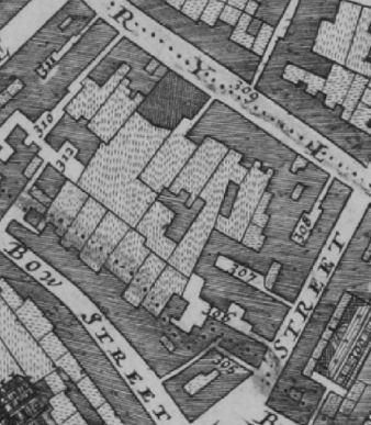 Morgans Map of London in 1682 shows Drury lane, Russell street and lists 306 Crown Inne ; 308 Red Bull Inne ; 310 Red Lion Inne and 312 Black horse Inne.