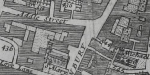 The Axe Inn, Aldermanbury in 1682 Morgans map. It backs onto St Michaels church in Bassishaw, and opposite St Mary Aldermanbury