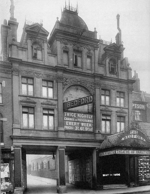 Bedford Music Hall main entrance at 93-95 Camden High Street. The passage running under the building is Mary Terrace, in 1904