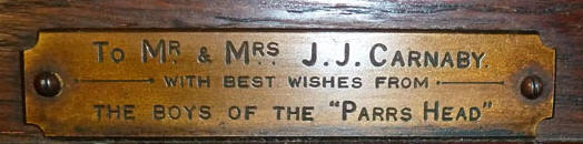 To Mr & Mrs J J Carnaby with best wishes from the boys of the Parrs Head