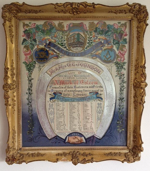 Presented to Mr & Mrs G E Johnson, Late of the Jolly Gardeners, Euston. From a few of their Customers and Friends in Memory of may happy hours spent in their company - 1927