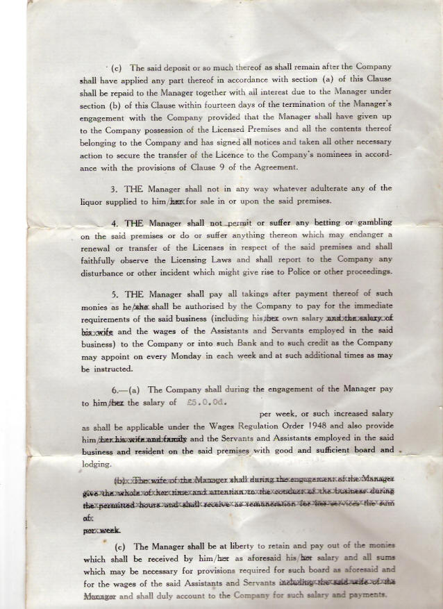 The fine print of the agreement of Copes Taverns with Manager Denis O'Brien in 1951, section 3