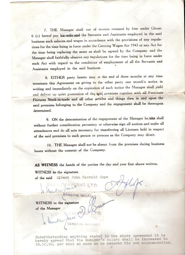  The fine print of the agreement of Copes Taverns with Manager Denis O'Brien in 1951, section 4