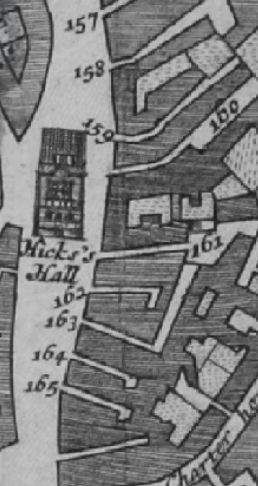 St John street, St Sepulchre near Hicks hall in 1682. Listed are 157 Three Cupps Inne ; 161 Windmill Inne ; 162 Swan with Two necks Inn ; 163 Golden Lion Inne ; 164 Bell Inne - St Johns street, east side and 165 Cross Keys Inn . 
