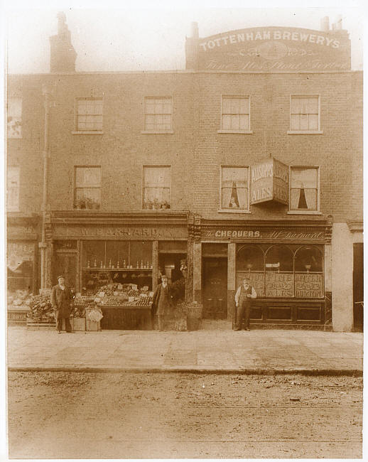 Alfred Barnard (Landlord) outside the “Chequers” P.H. at 843 High Road, Tottenham N.17 before the building was enlarged and incorporating 841 High road.