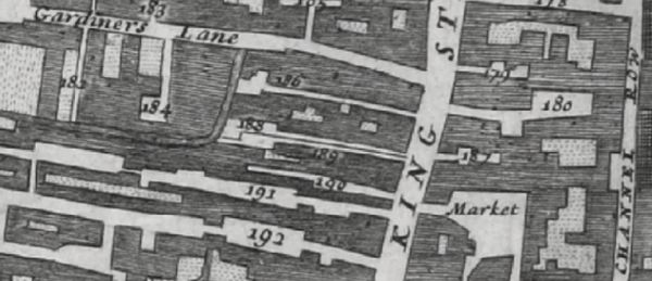 In the Morgans 1682 Map of London in King street are isted '191 Blew boar Inne' and '192 George yard' 