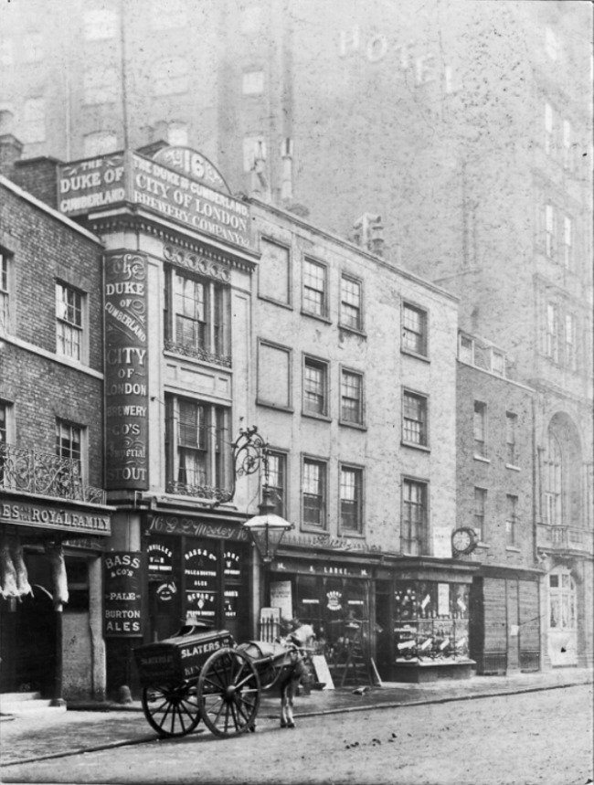 The Duke Of Cumberland, Kensington High Street at the corner of Cumberland Yard. The landlord is George L Mosley, circa 1895. 