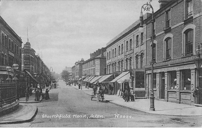 Albion, Churchfield road and Goldsmith road, W3 in circa 1905 with the Albion on the right, and the Station Hotel on the left