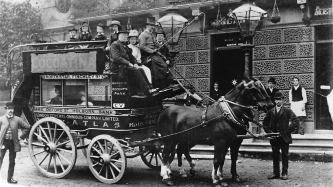A London General Omnibus Company, City Atlas bus at The North Star, Finchley Road in 1890. The landlord is John Thomas Vincent.