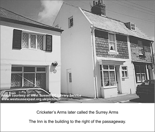 Cricketers Arms later called the Surrey Arms (to the right of the passageway)